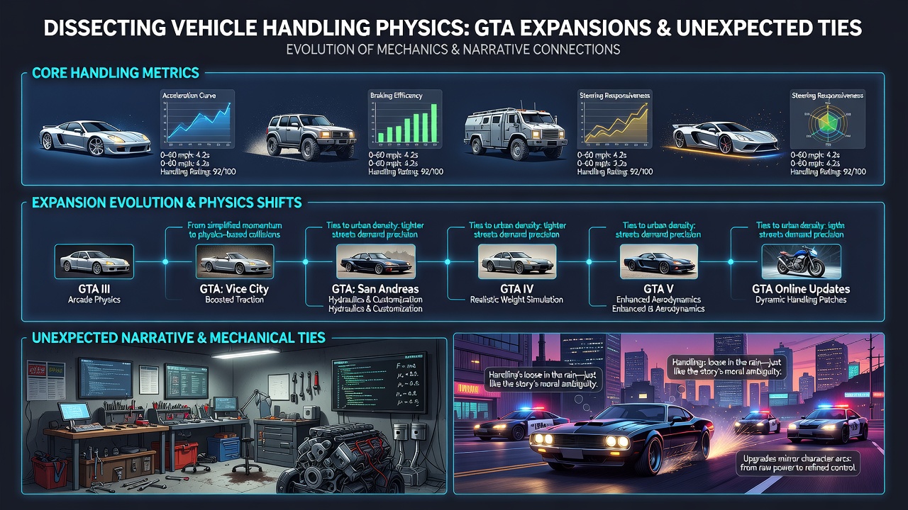 Side-by-side view of motorcycle chase sequences from The Warriors alongside physics parameters from Grand Theft Auto motorcycle expansions