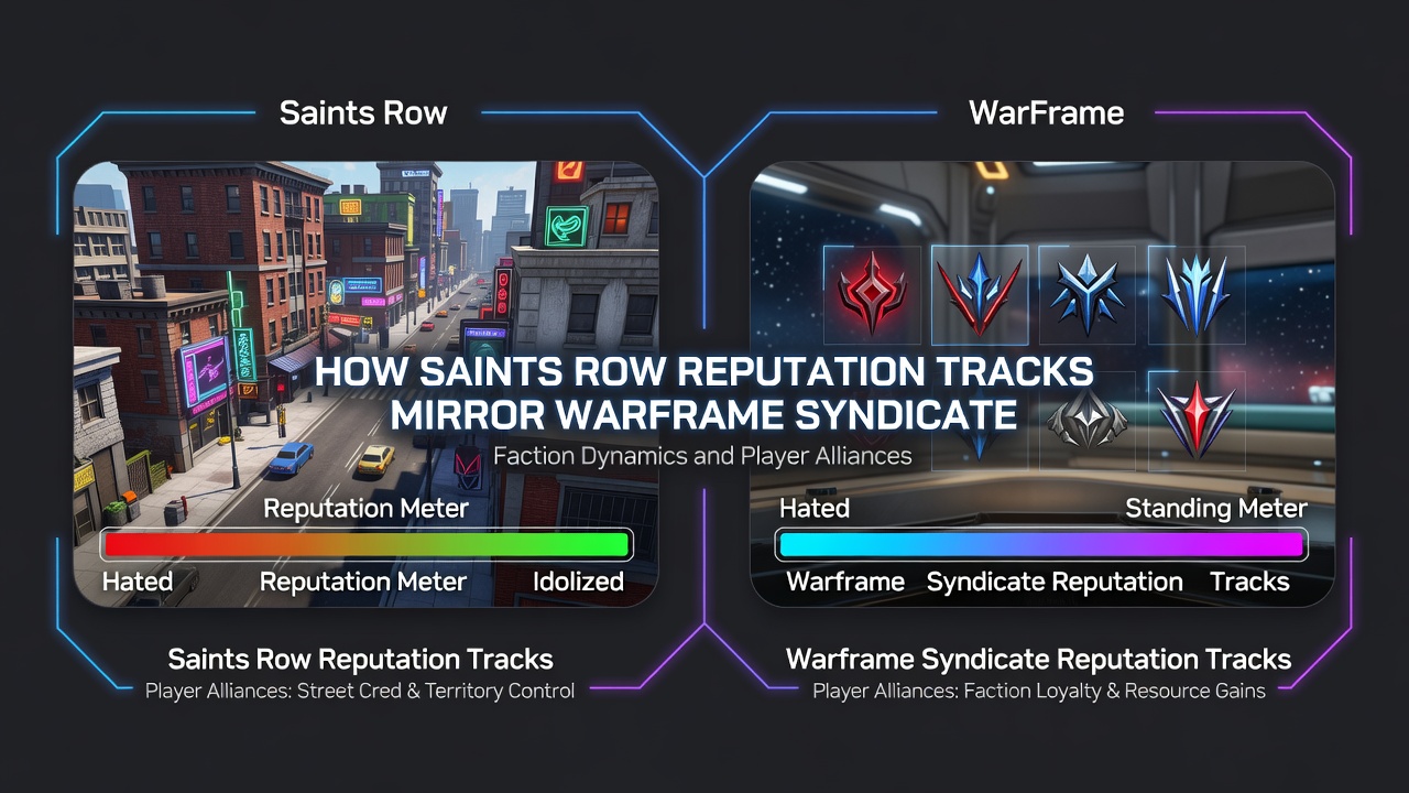 In-game screenshot of Warframe syndicate vendors alongside Saints Row faction leaders with highlighted alliance and opposition indicators